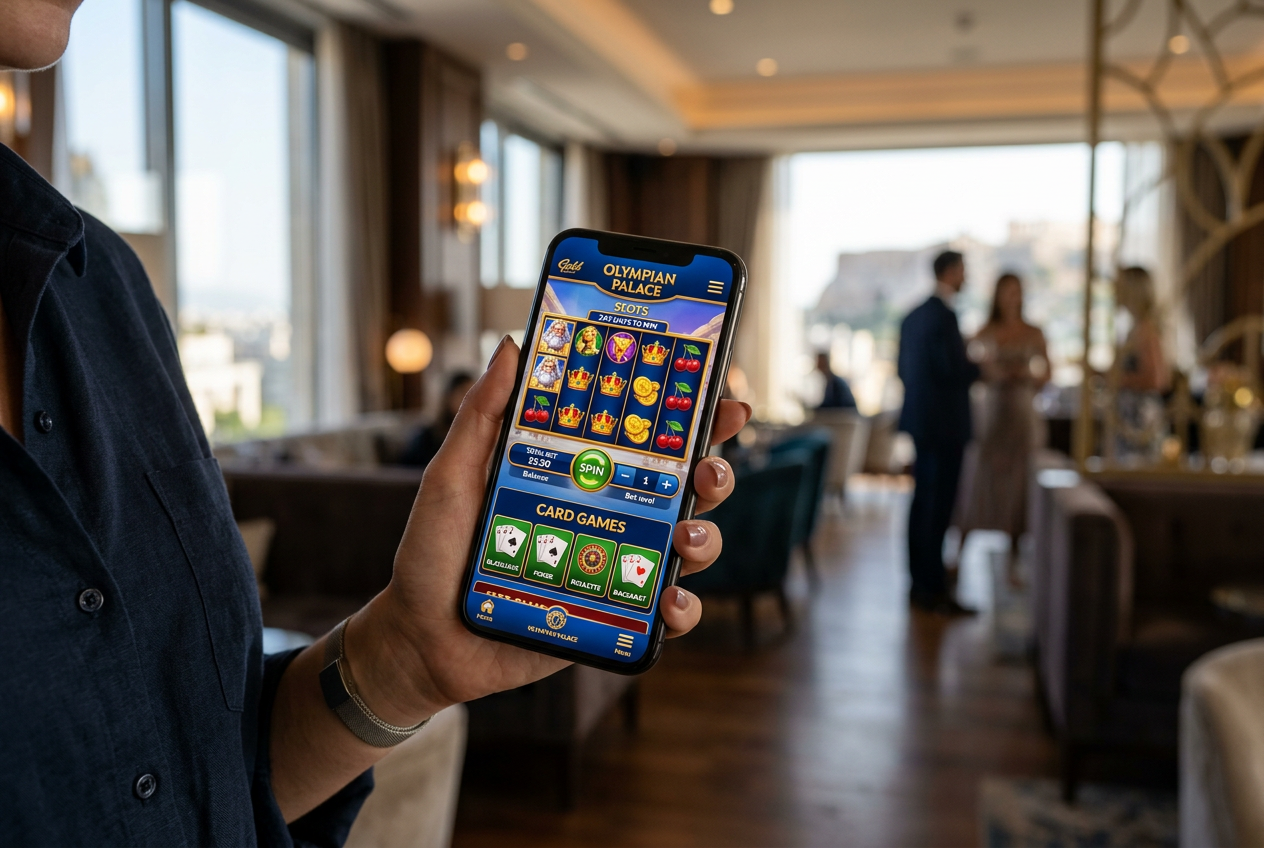 A modern smartphone displaying a vibrant online casino interface against a blurred background of a luxury lounge.