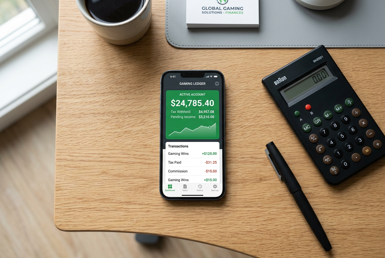 Financial documents and a calculator next to a smartphone showing a casino balance.